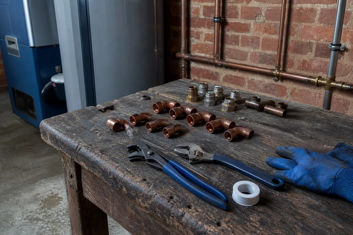 Établi de plombier dans un local de maison en brique rouge, raccords cuivre et outils posés
