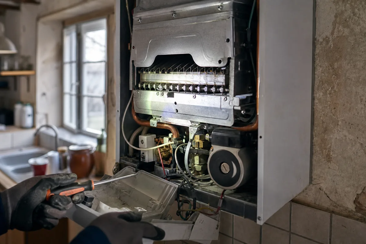 Chaudière murale ouverte dans une cuisine de maison en brique rouge, éclairée à la lampe frontale un matin d’hiver
