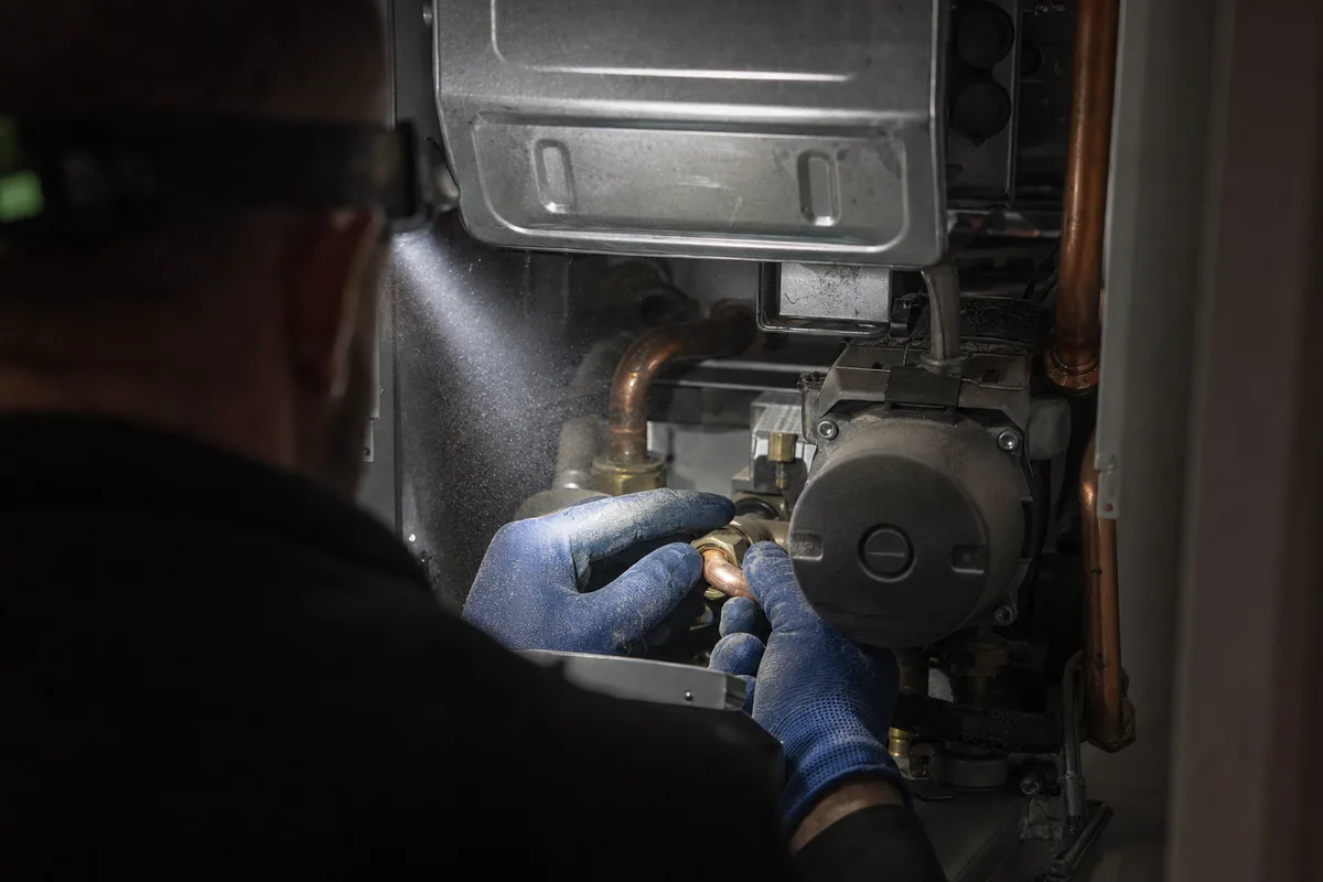 Chaudière murale gaz ouverte et éclairée à la lampe frontale pendant un diagnostic de panne