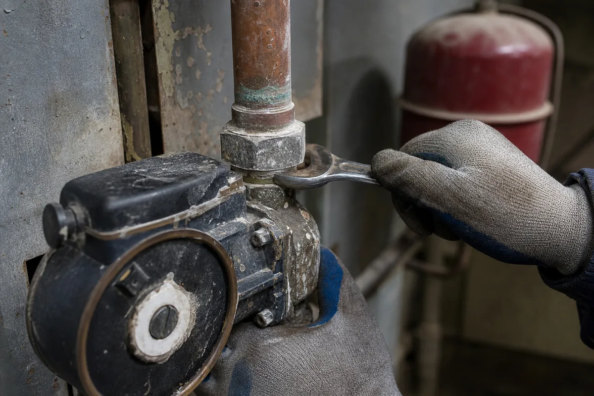 Chaudière murale gaz ouverte pour diagnostic dans une maison de brique rouge