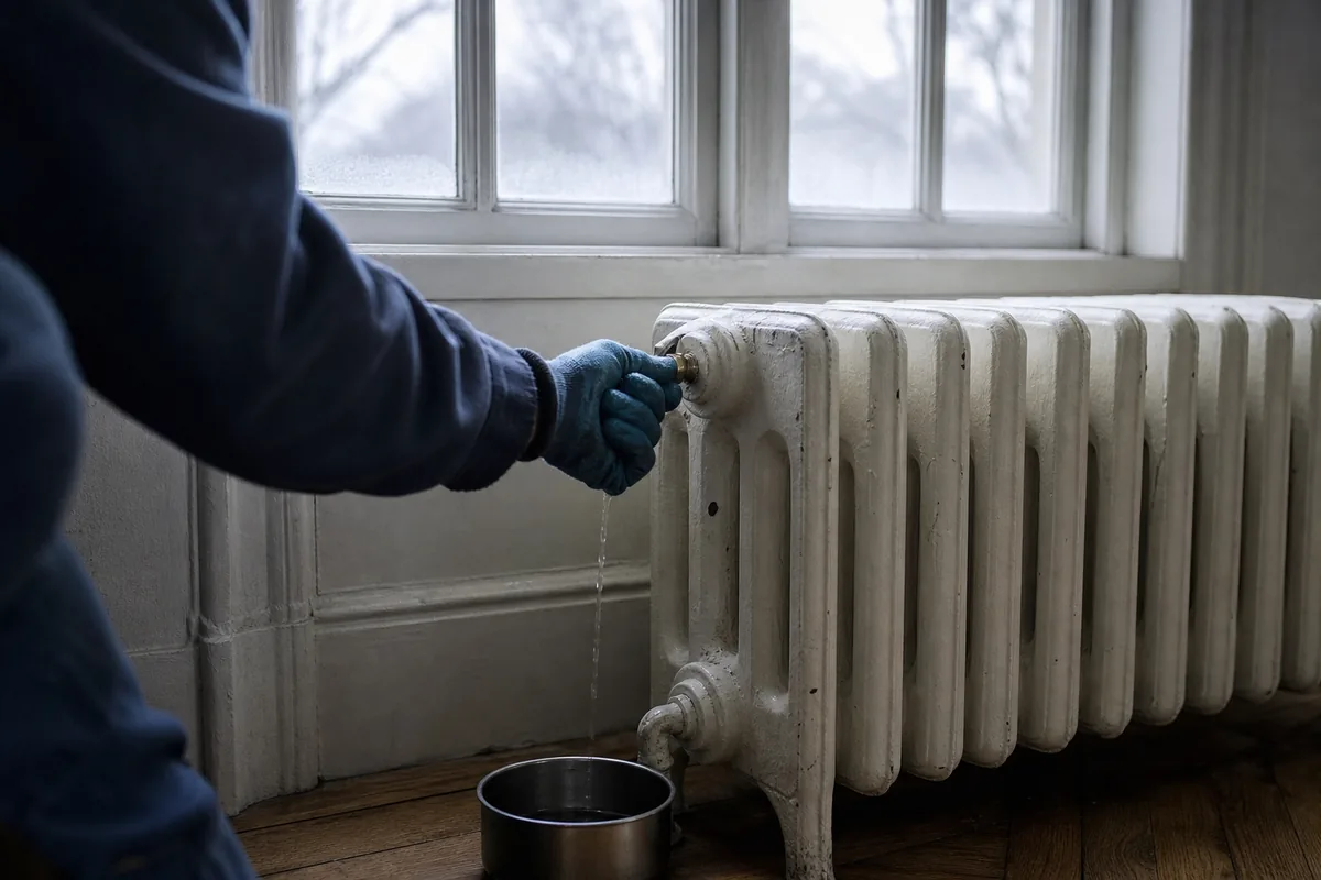 Radiateur en fonte purgé dans un salon, clé de purge et récipient posés au sol