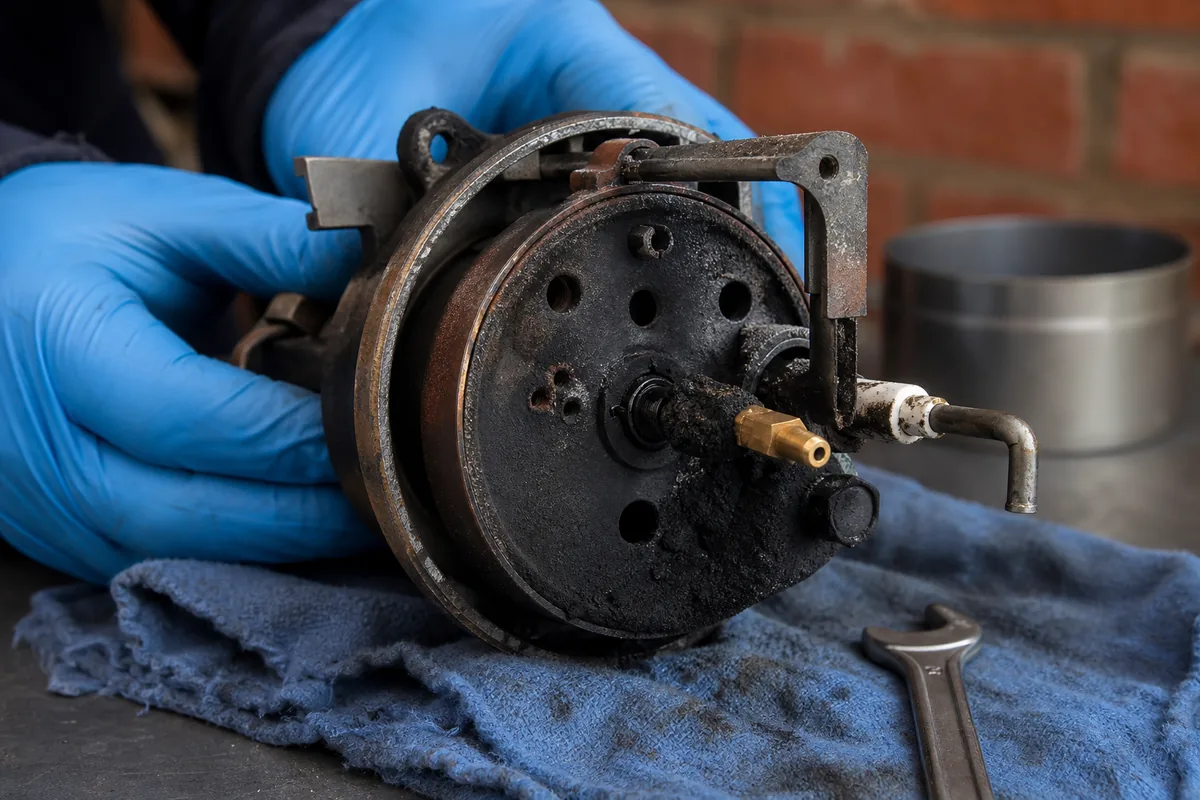 Brûleur fioul démonté sur une chaudière murale, gicleur et cellule de détection posés sur un chiffon