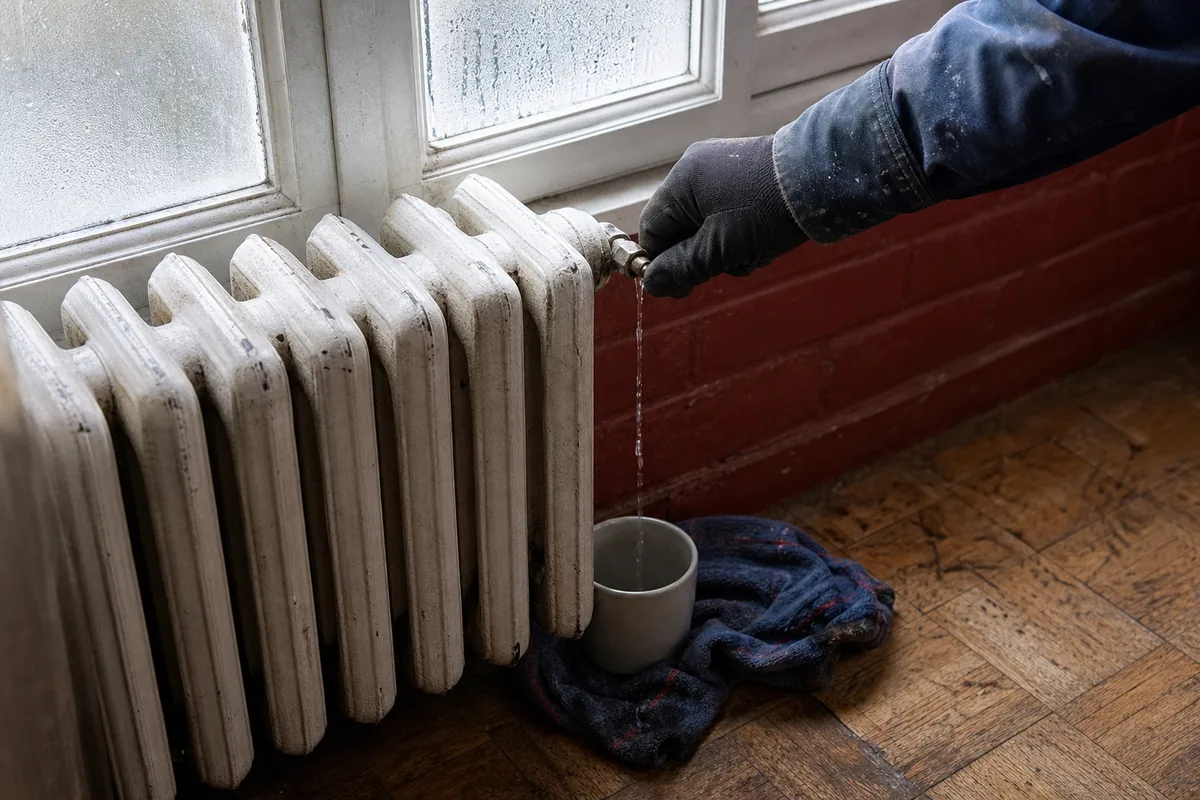 Radiateur en fonte purgé à la clé dans le salon d&rsquo;une maison de brique rouge, lumière grise d&rsquo;hiver