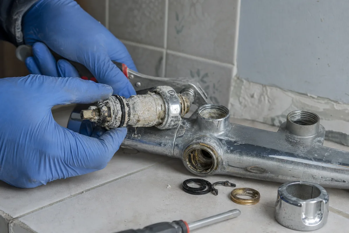 Mains gantées démontant une cartouche de mitigeur thermostatique entartrée dans une salle d&rsquo;eau