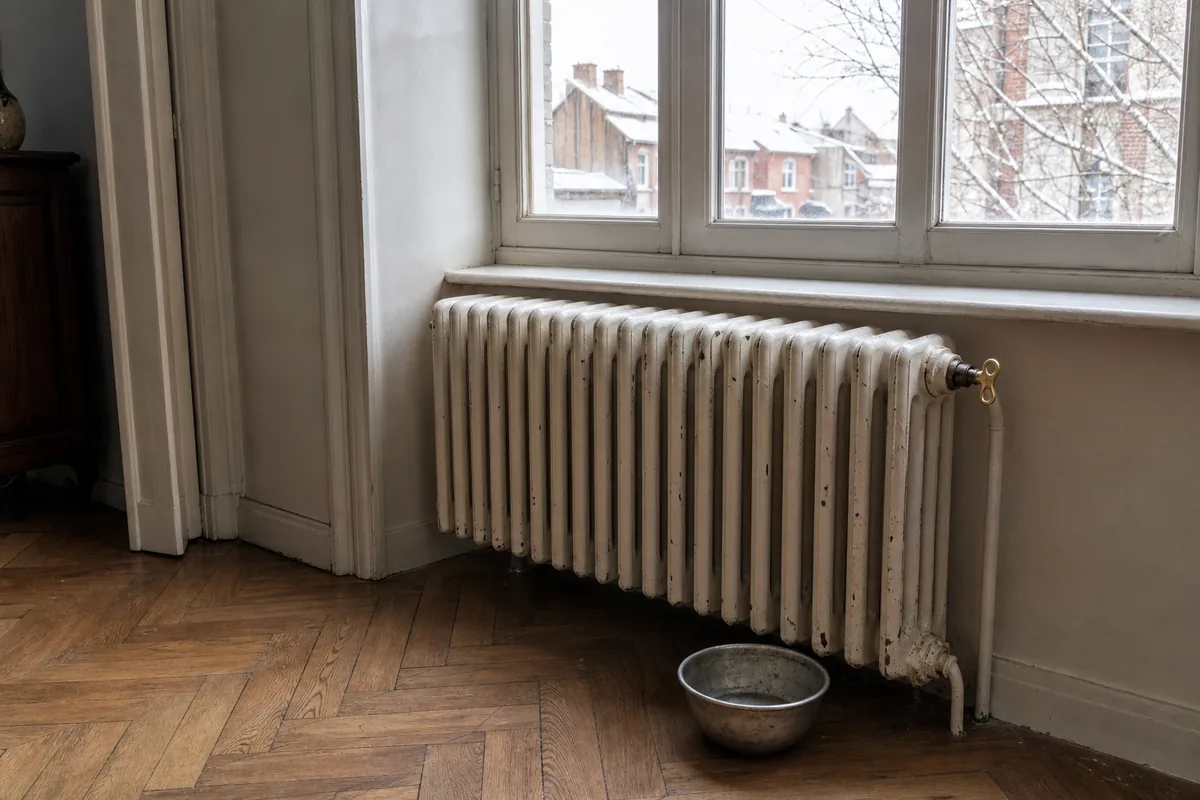 Radiateur en fonte purgé dans un salon de maison de brique rouge un matin d&rsquo;hiver