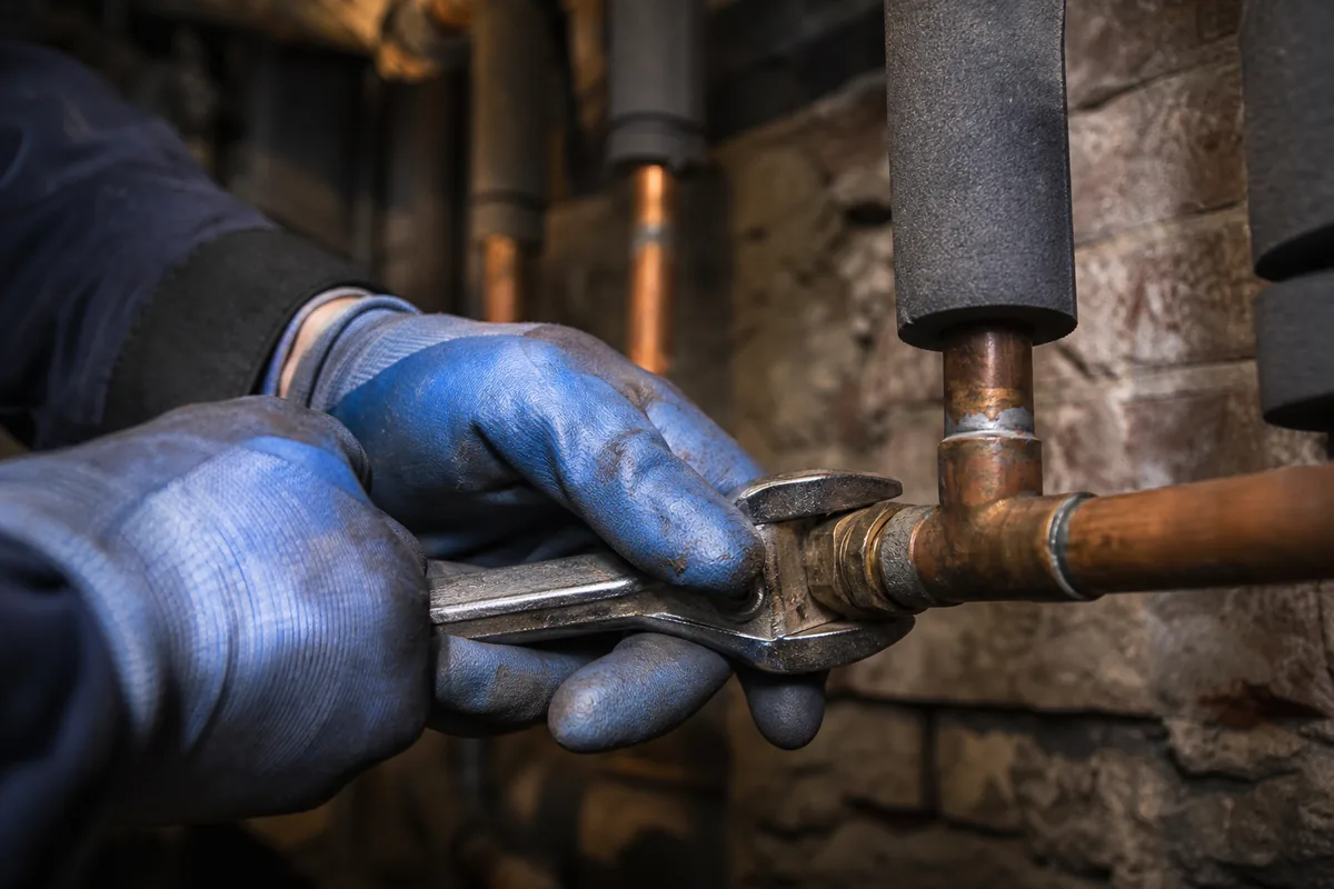 Mains gantées resserrant un raccord cuivre sur un réseau de chauffage en sous-sol