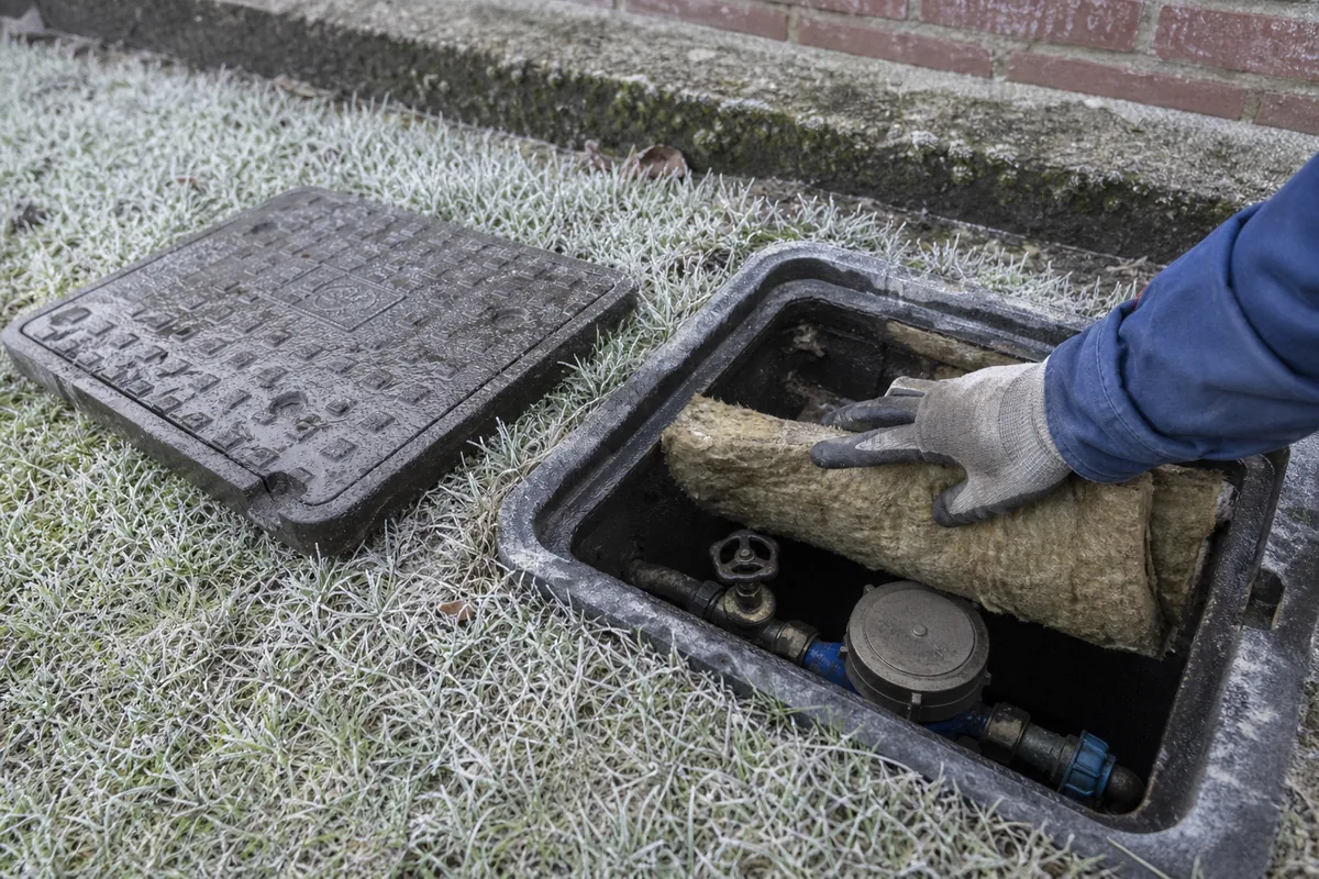 Compteur d&rsquo;eau dans un regard extérieur ouvert, protégé du gel par un isolant, un matin d&rsquo;hiver