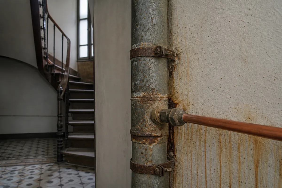 Colonne montante en acier galvanisé corrodée dans une cage d&rsquo;escalier d&rsquo;immeuble ancien