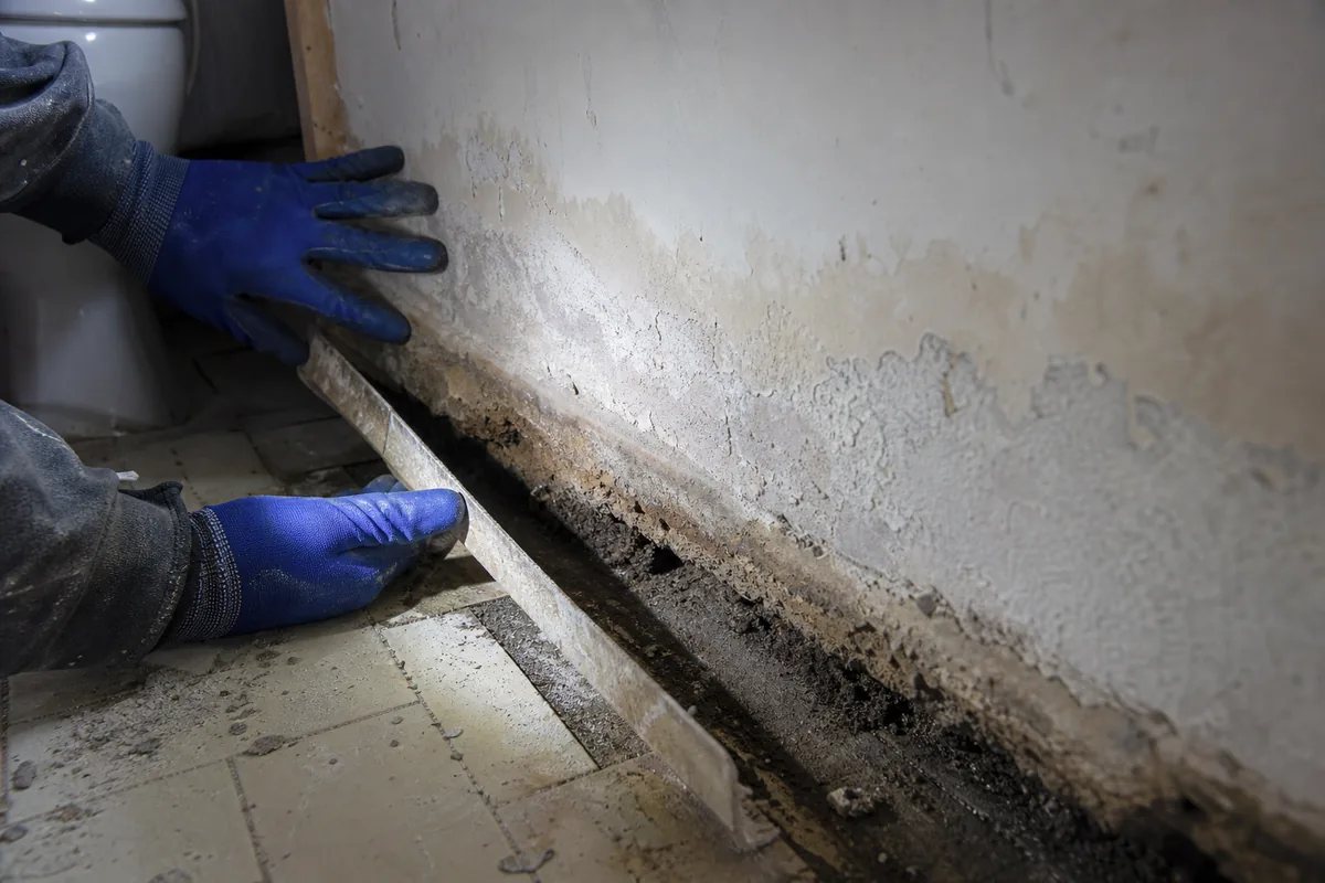 Pied de cloison humide sondé dans une salle d’eau en cours de dépose