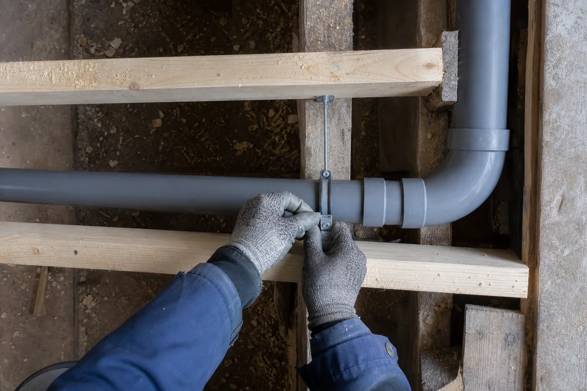 Réseaux d’évacuation en PVC repris sous un plancher bois de pavillon